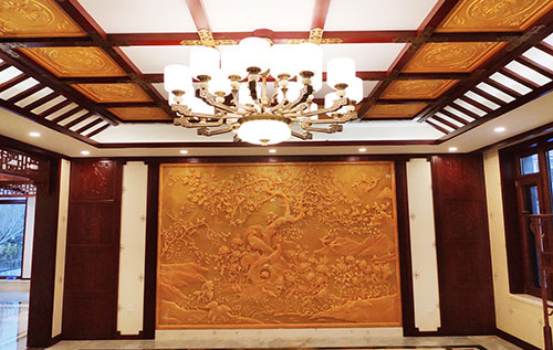 驻马店中式别墅客厅中式木作横梁吊顶装饰展示